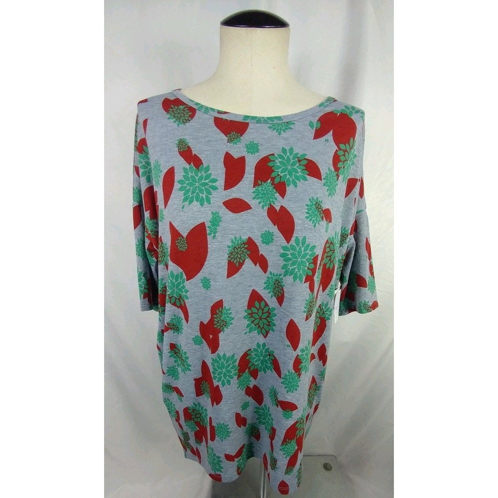 LuLaRoe Irma Tunic Shirt Gray‎ Red Green Leaves Pattern XXS